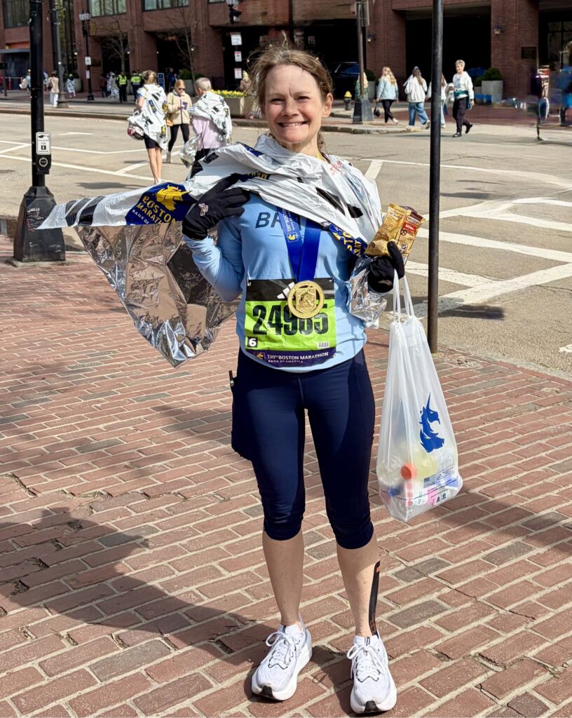 end of race Julie at the end of the Boston Marathon